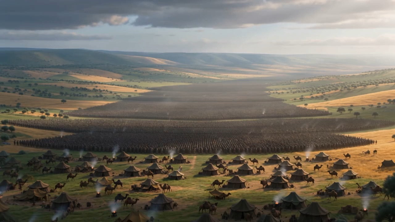 An immense camp of tents and camels filling a green valley
