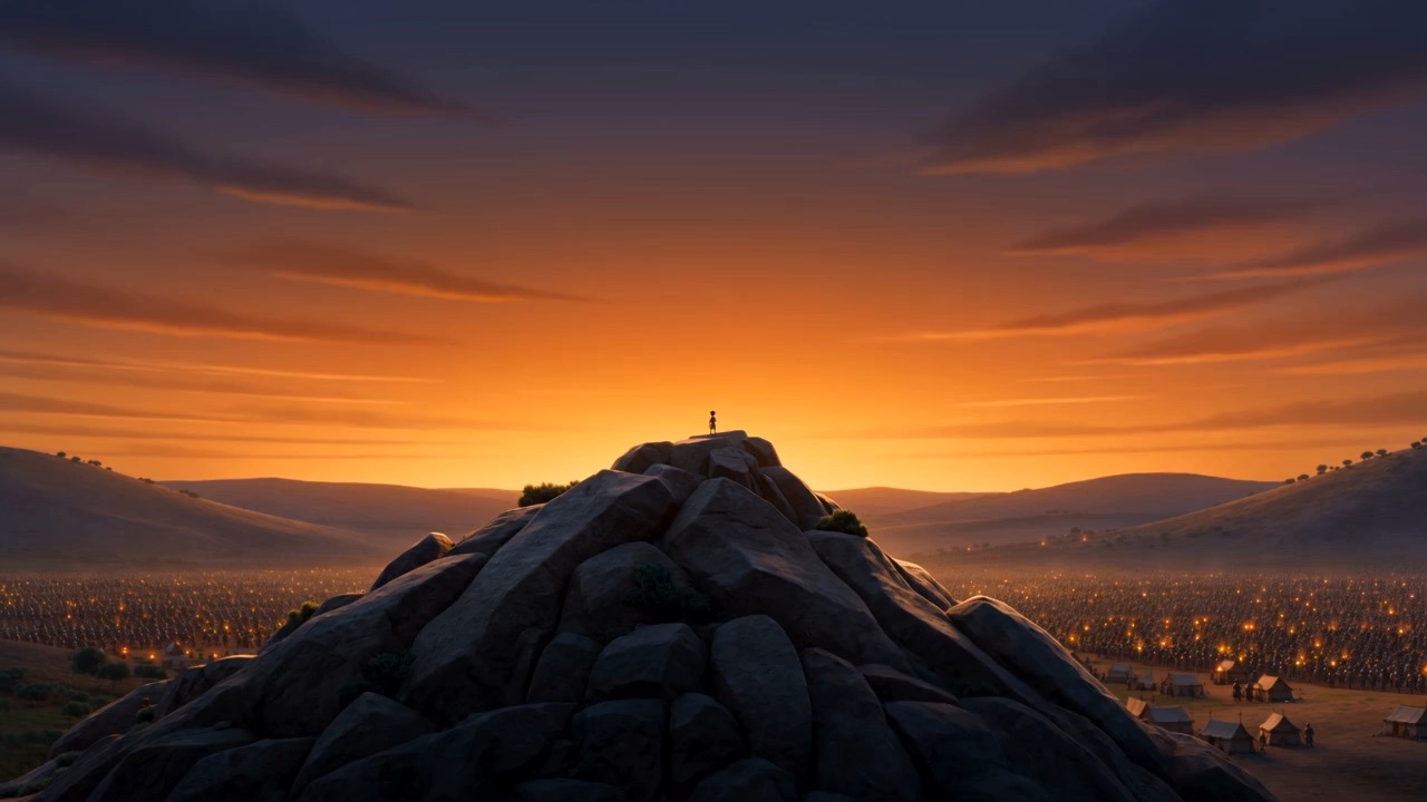 A single figure on a rock above a sea of enemy fires