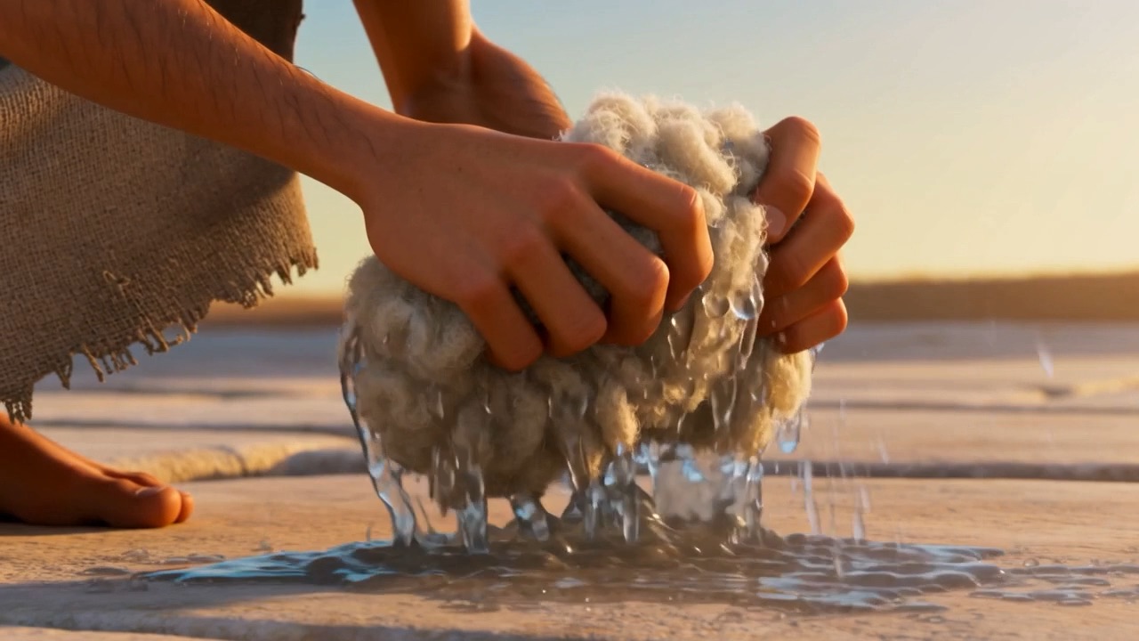Water running from the wool onto dry stone