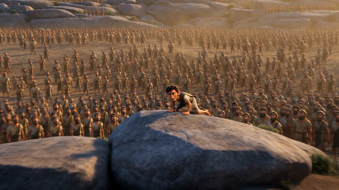 He climbs a boulder above the ranks