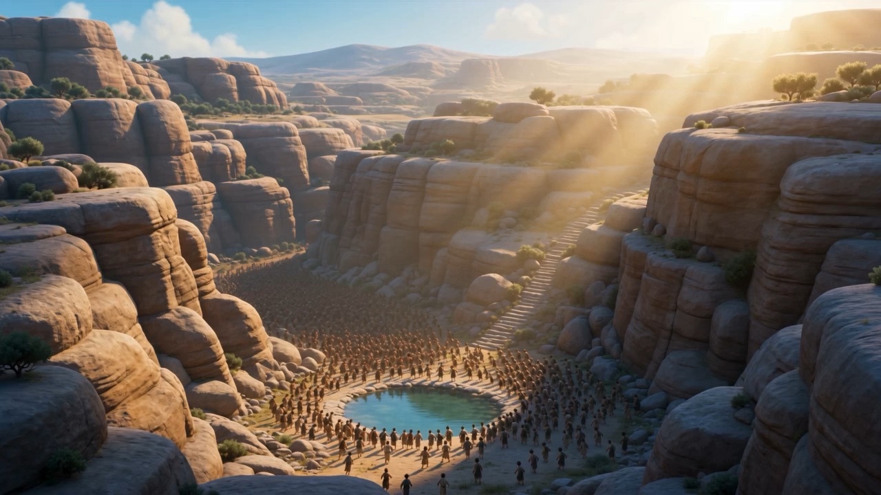 The whole army funnelling down to a pool in the rocks