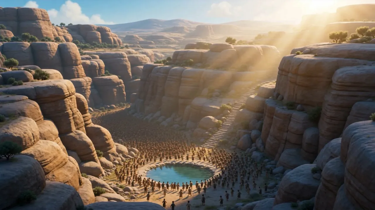 The whole army funneling down to a pool in the rocks
