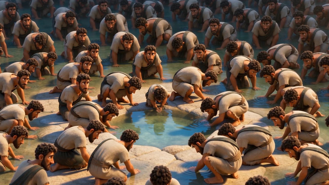 Men kneeling at the water's edge to drink