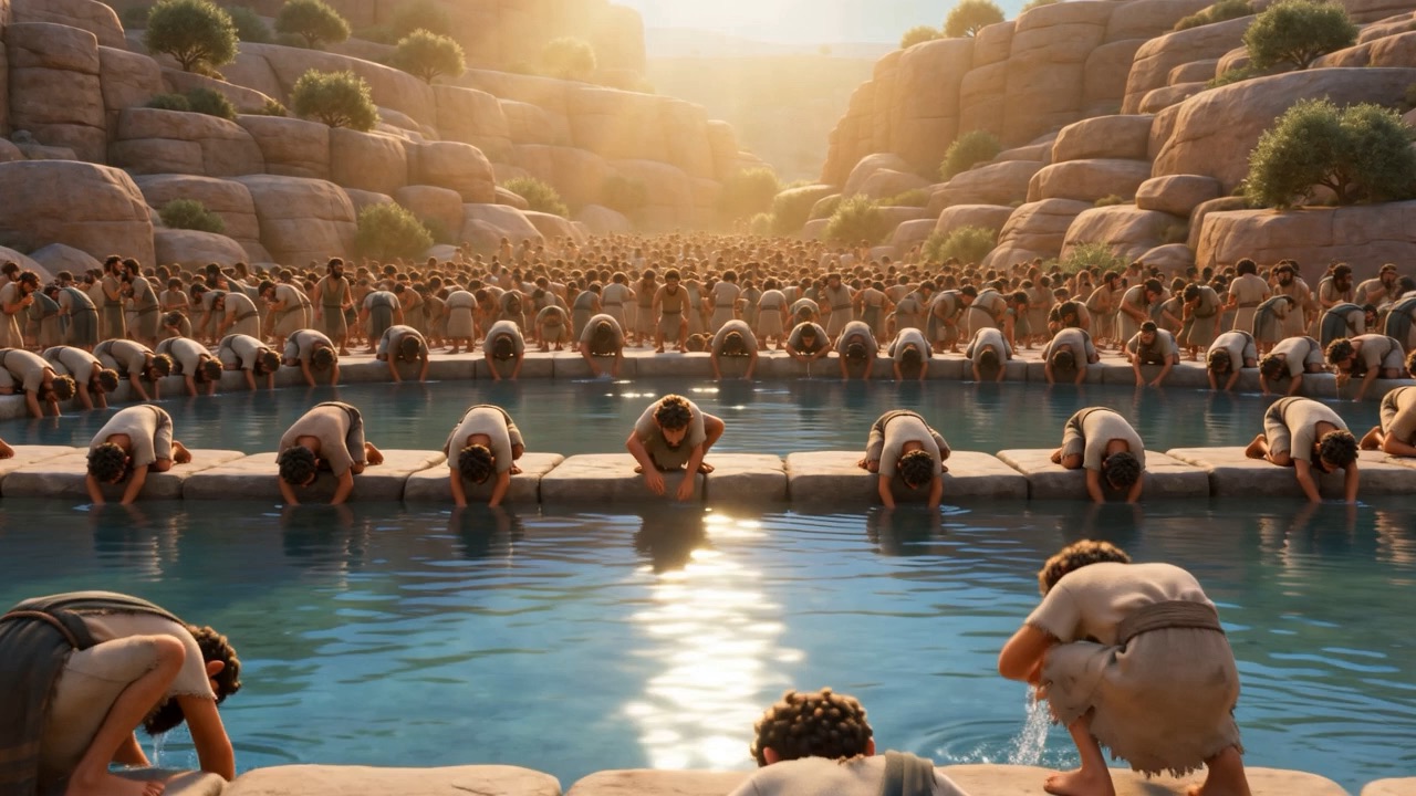 Seen from above — a ring of bowed backs around the pool