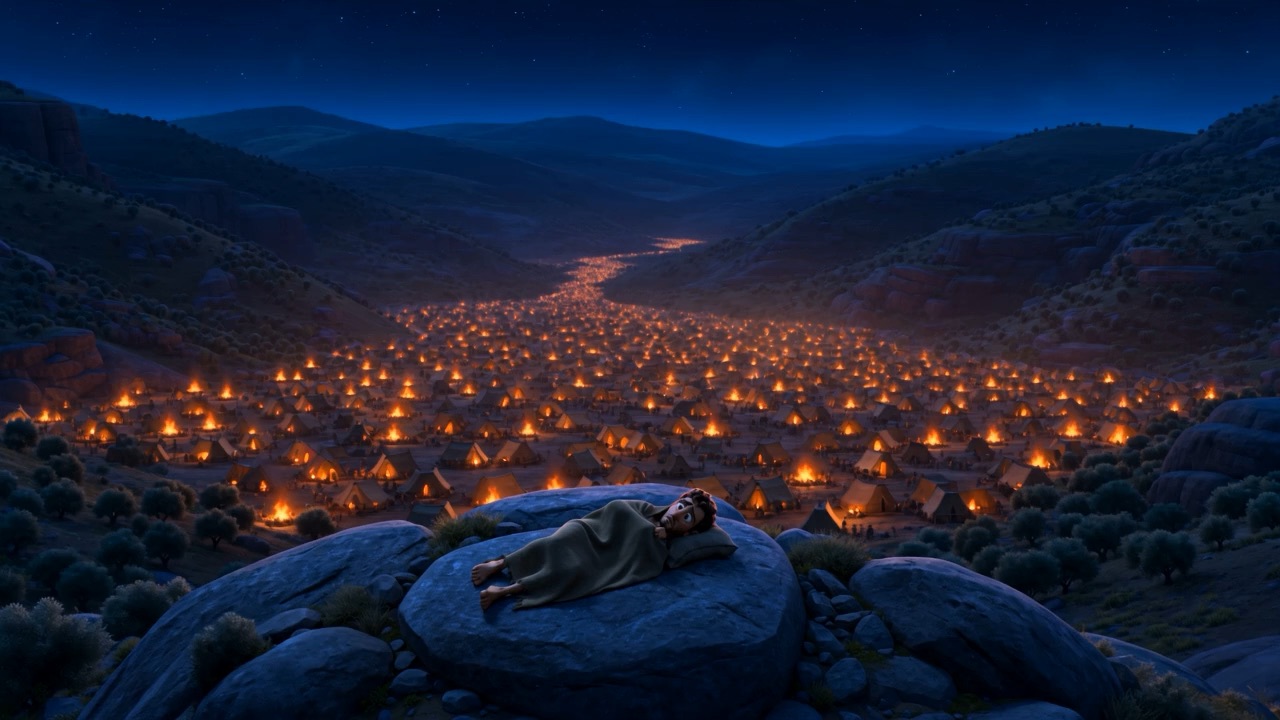 Night. The enemy campfires spread across the valley floor