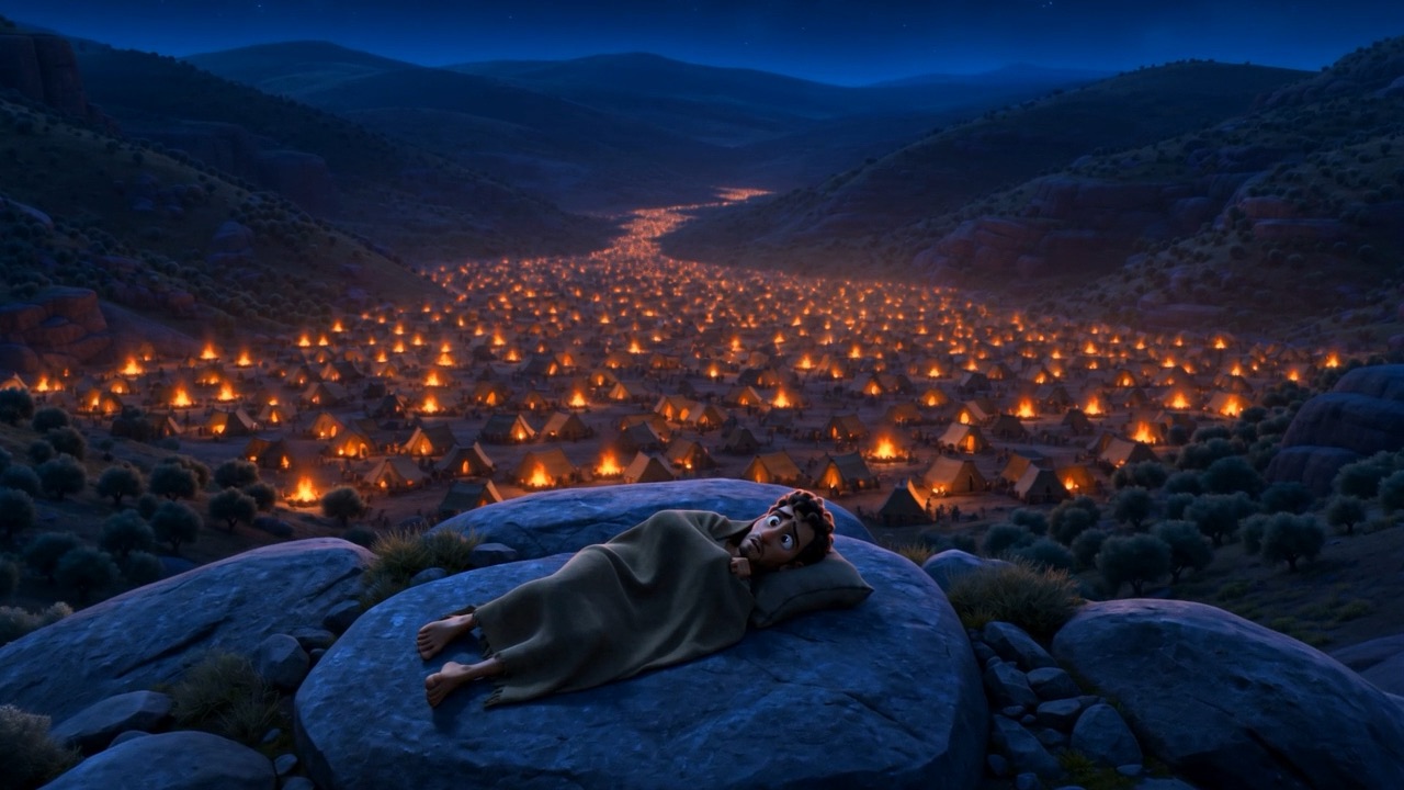 Gideon lying awake on the rocks above them