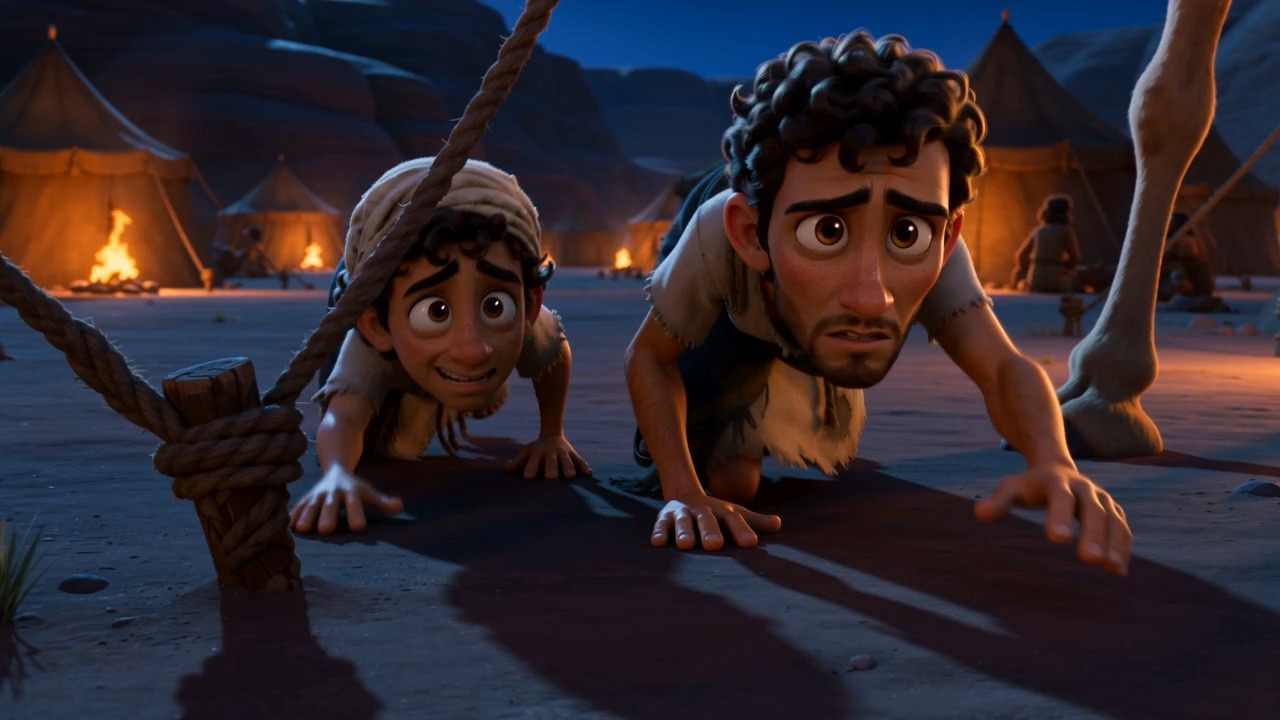 Two men crawl between the outer tents
