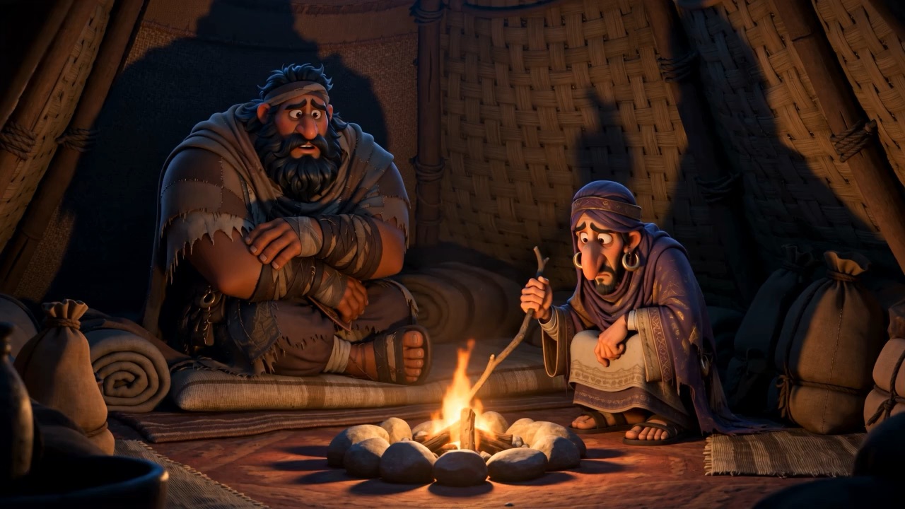 Inside a tent, two soldiers over a small fire