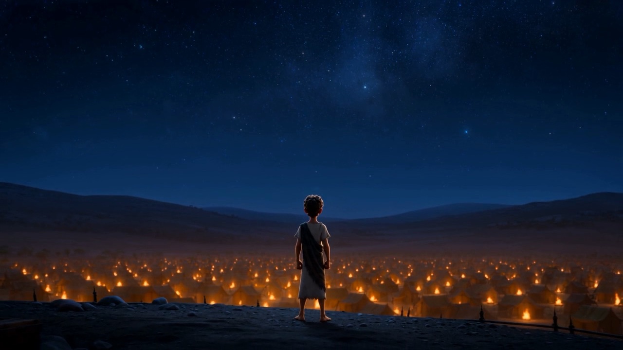 A lone figure looking back over the sleeping camp