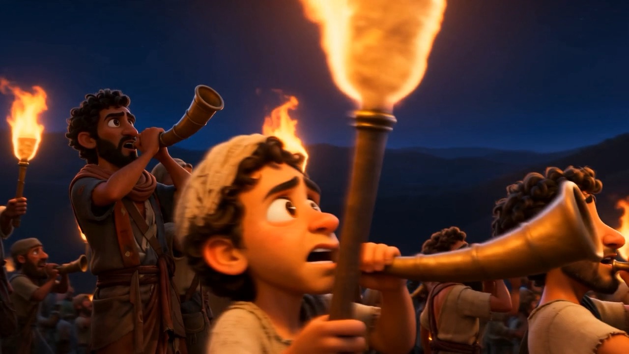 A face lit by torchlight, horn to his mouth