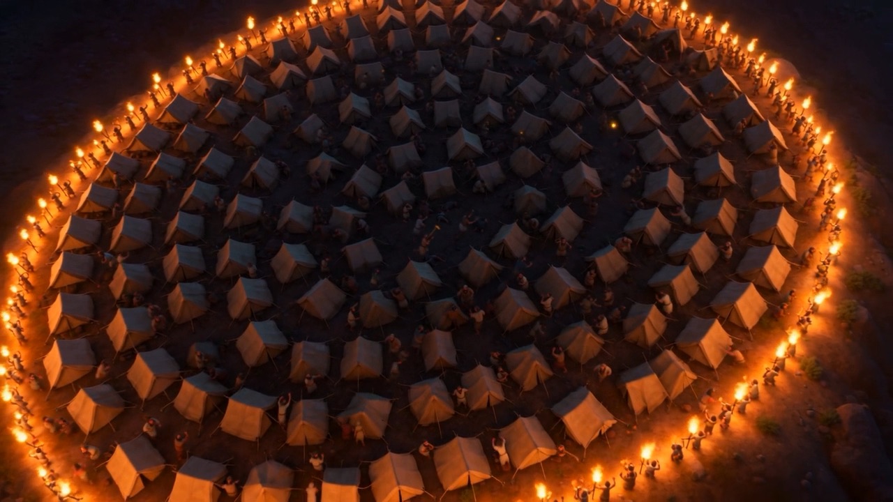 From above: the camp encircled by burning points