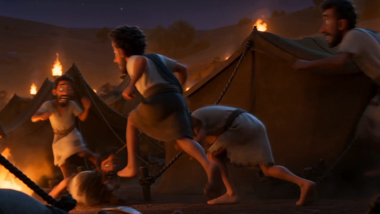 Men bolt out of tents into the confusion