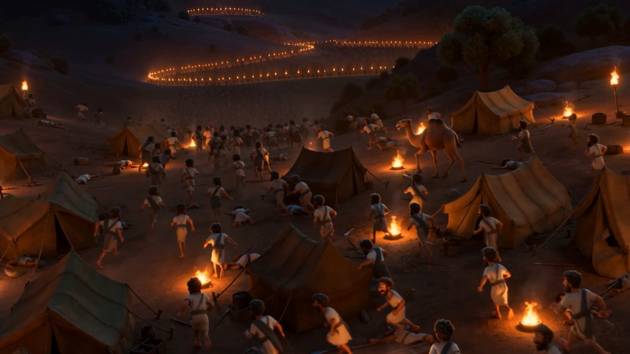 The camp in chaos, fires knocked over