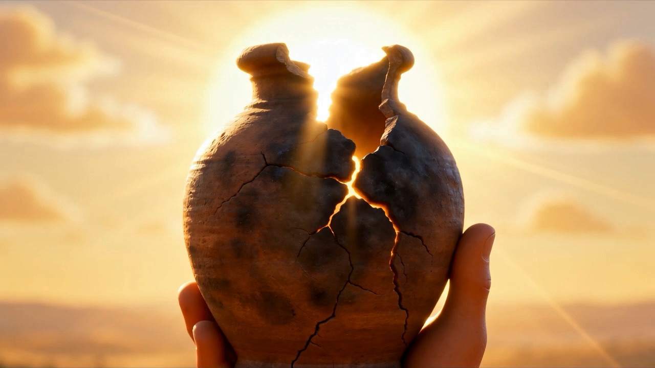 A broken clay jar held up against the sun