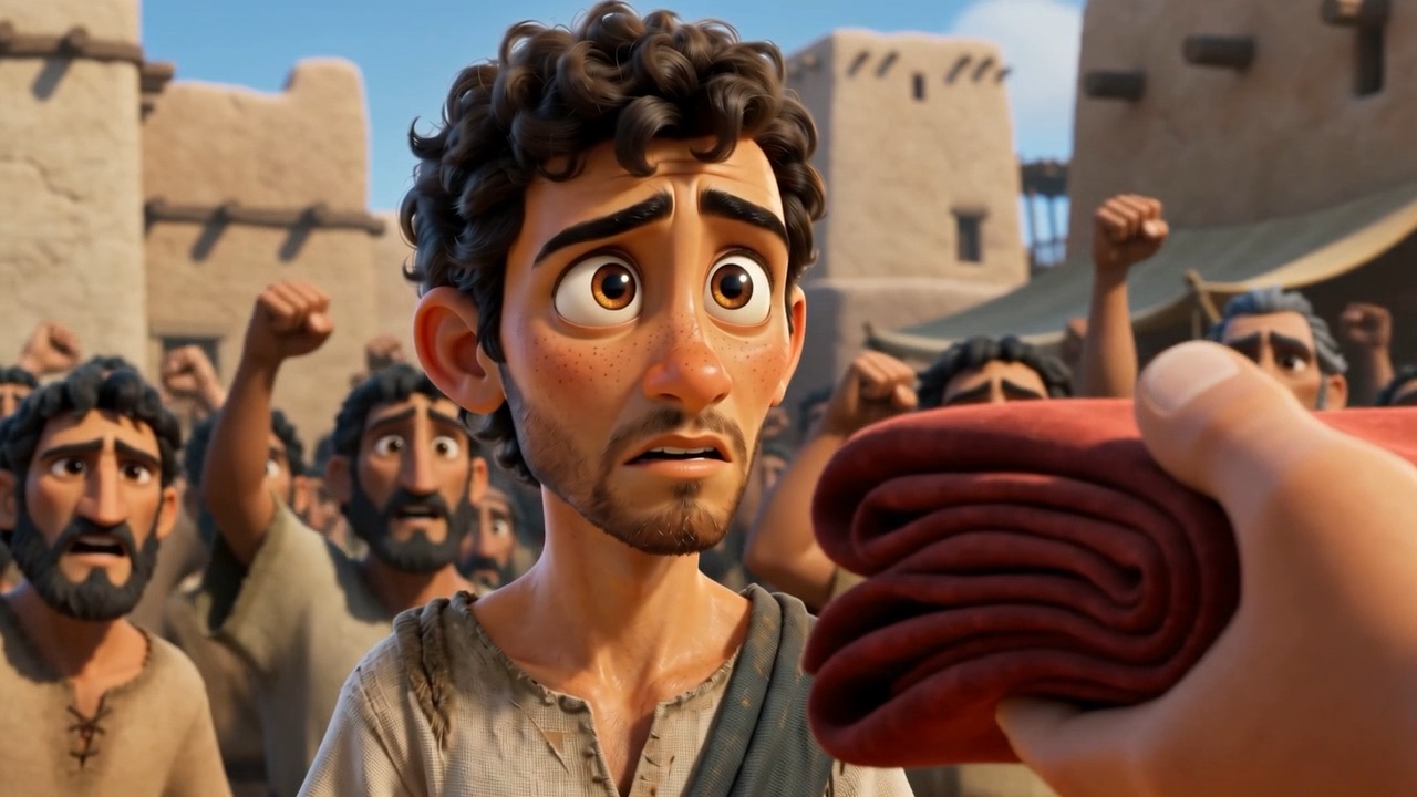 Gideon looking at it, fists in the air behind him
