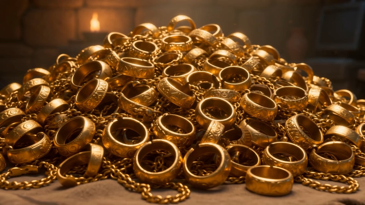 The gold piled high by lamplight