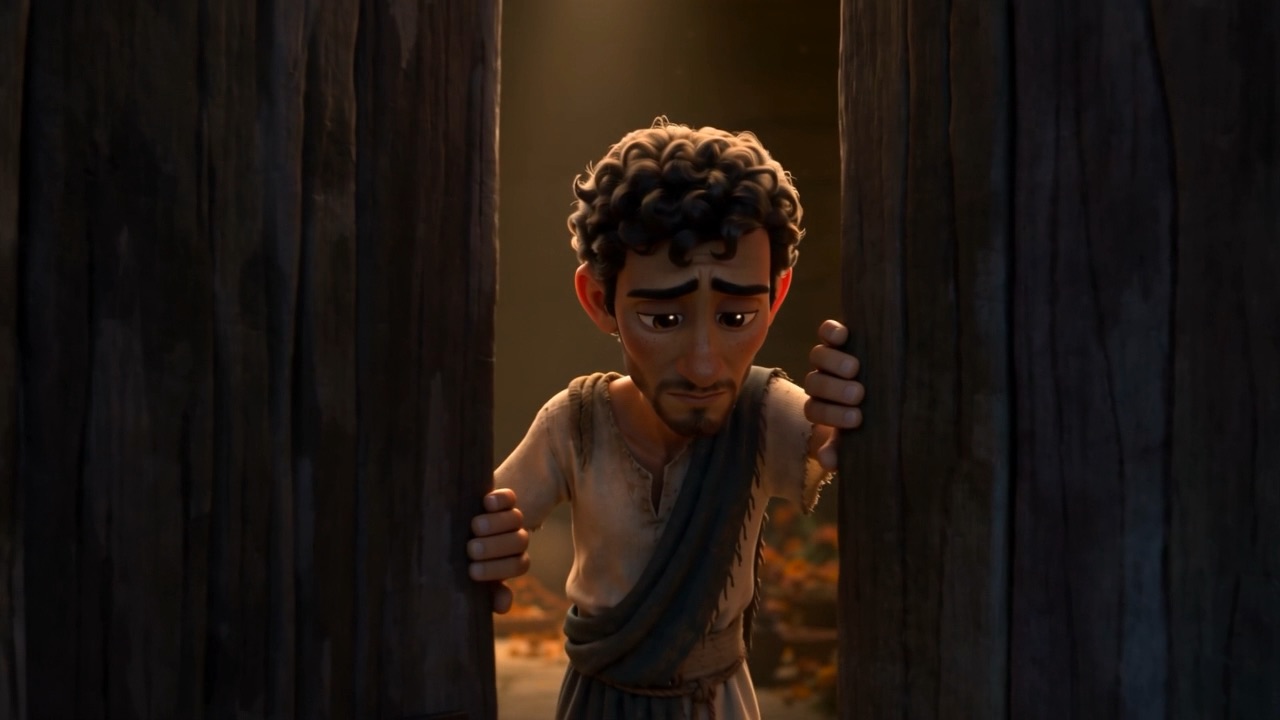 He steps back and lets the door close