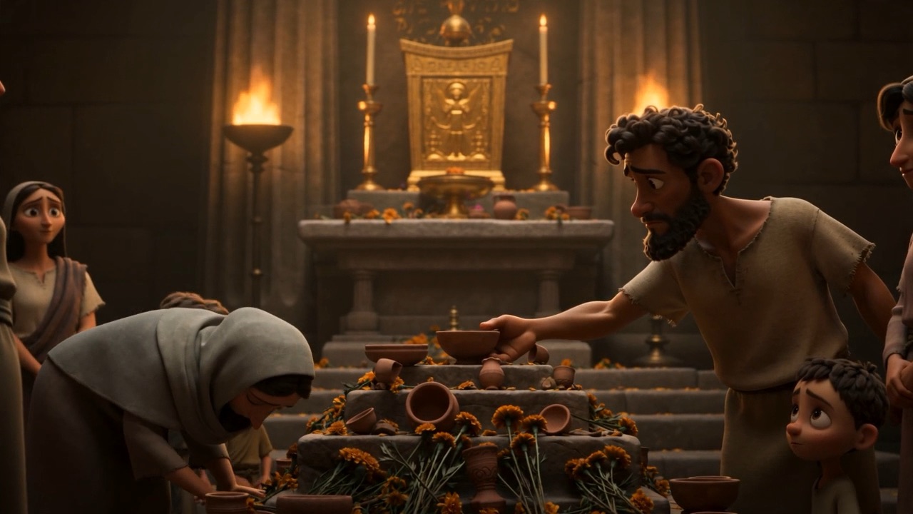 A woman sets flowers on the step
