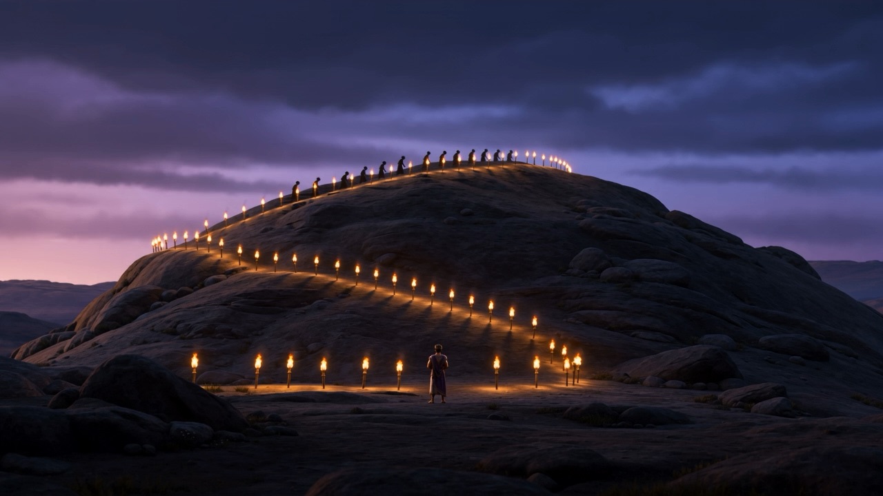 A dark hill at dusk with a line of small fires along it