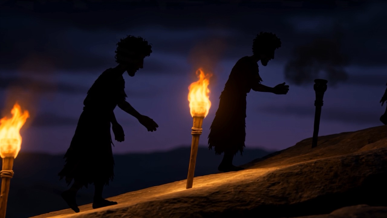 Two figures silhouetted against a torch