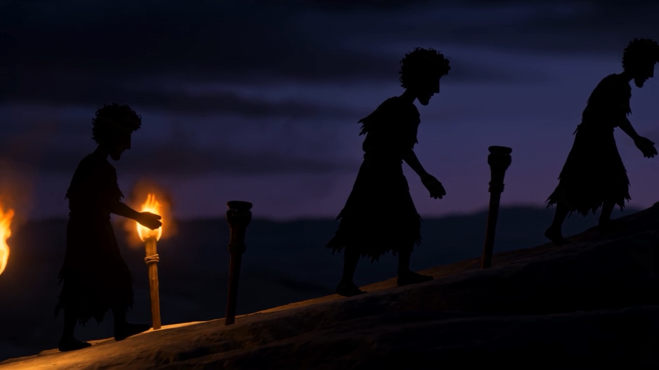 The line of torches moving up the slope