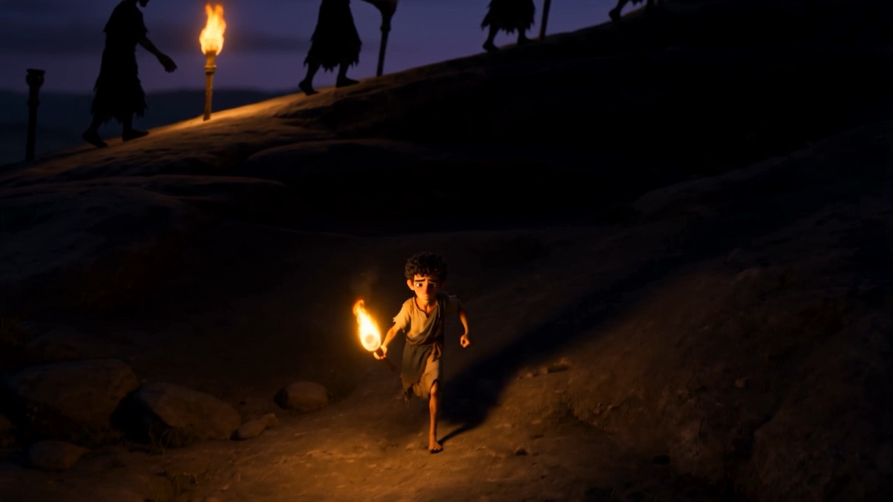 A boy running the other way, alone, carrying a torch