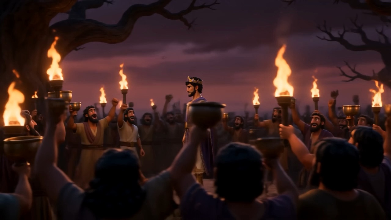 Torches raised all round him