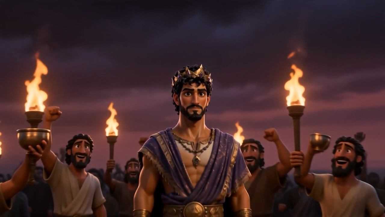 He stands among them in purple, crowned