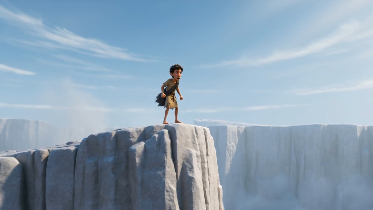 A small figure alone on a cliff edge above a city