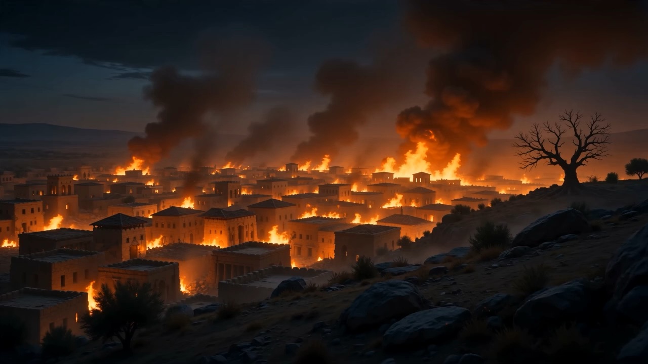 A whole town burning in the dark