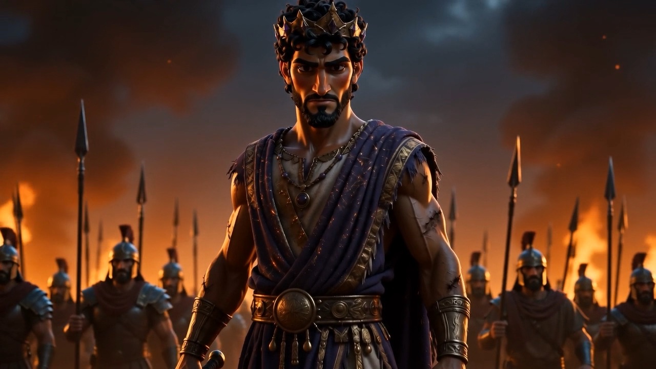 The king walks forward with an army of torches behind him