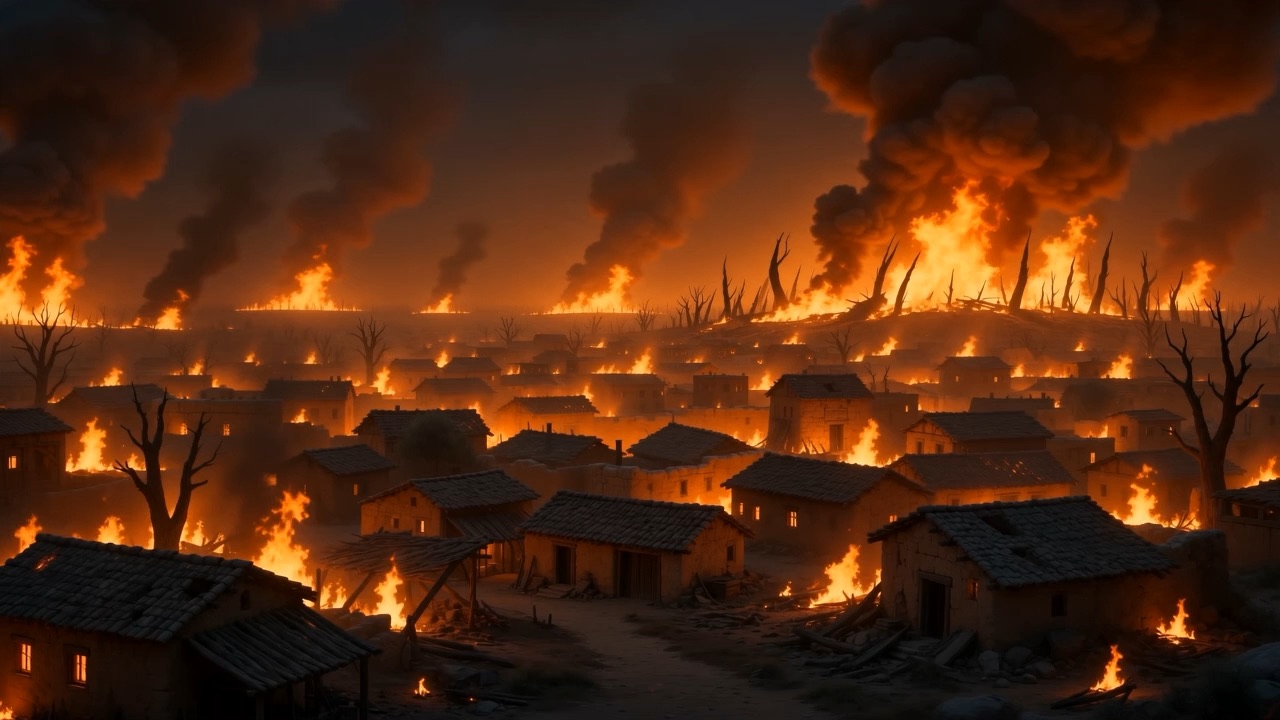 The town from above, alight end to end