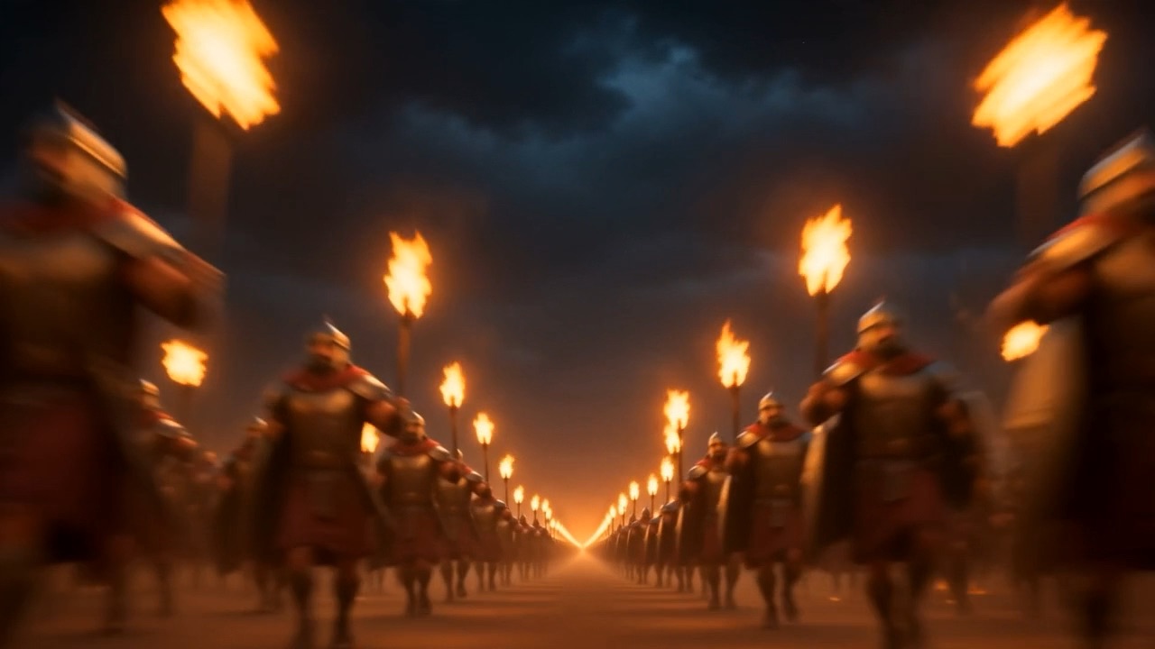 Men moving between burning walls