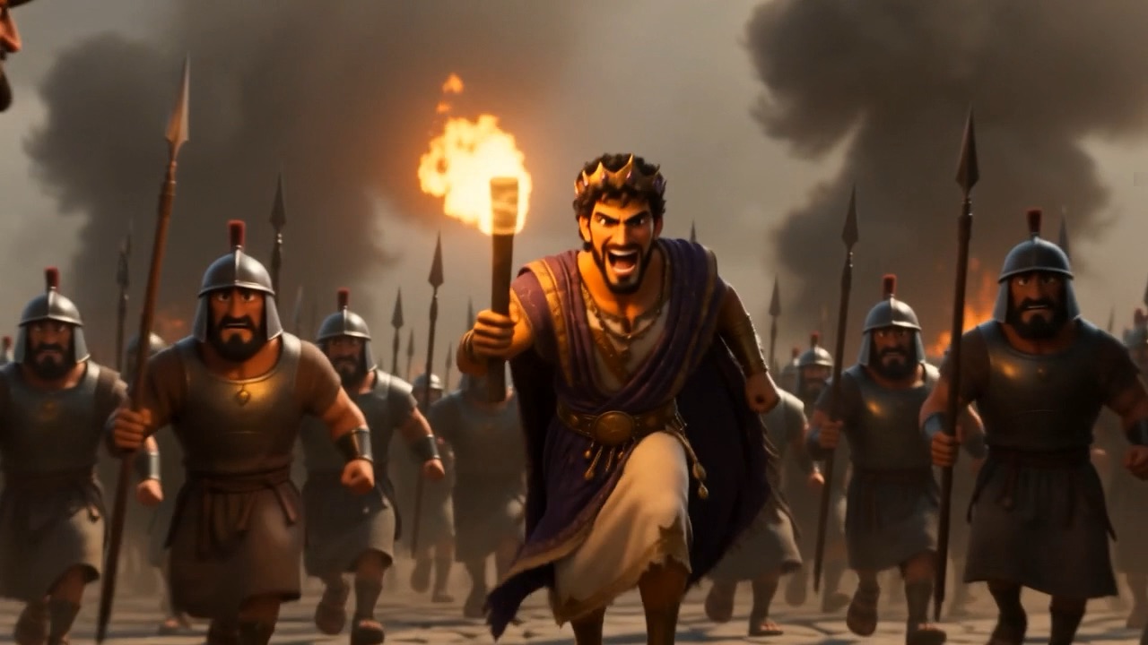 The king leads his men at a gate, torch high