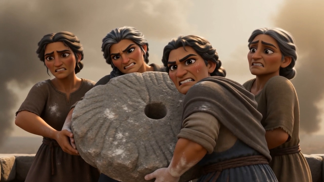 Up on the roof, women heave at something heavy