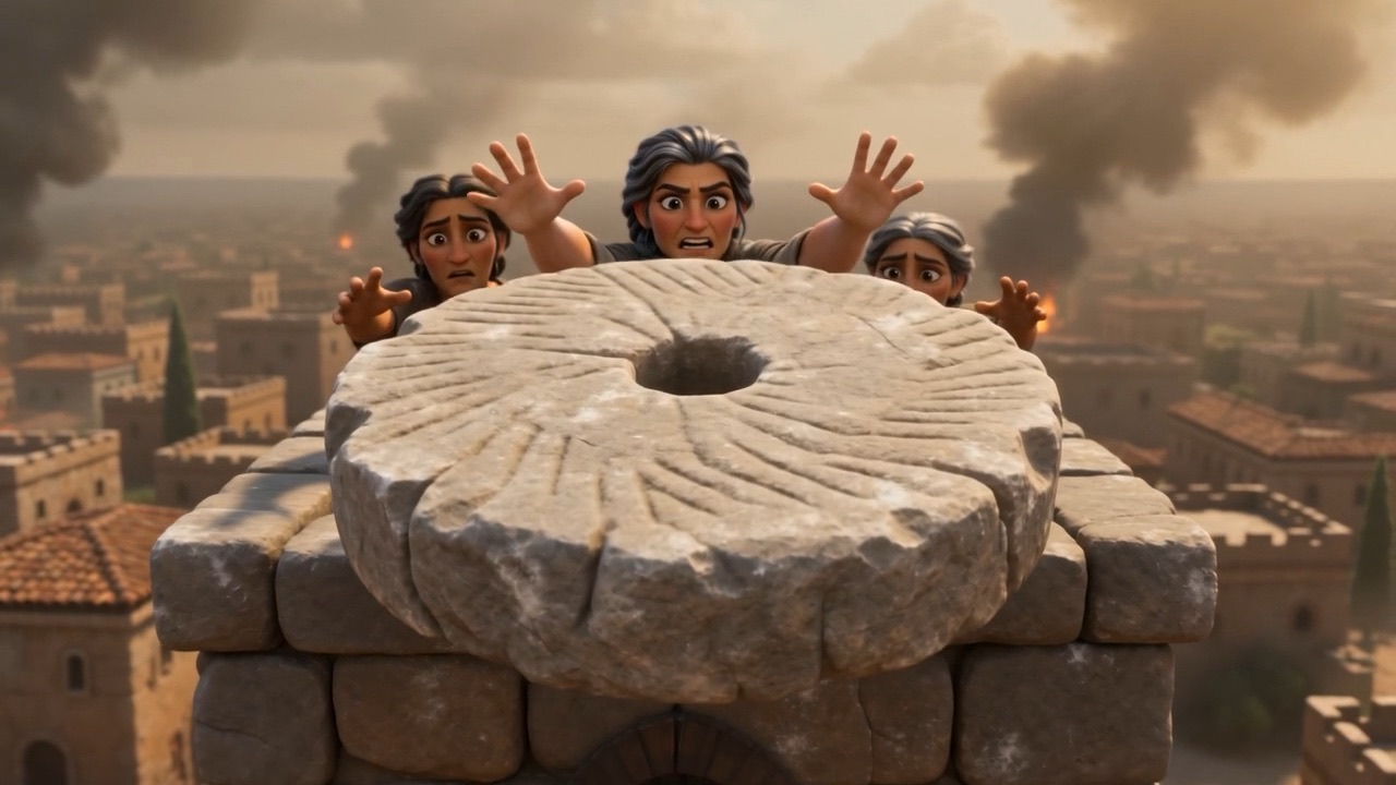 A millstone balanced on the wall's edge