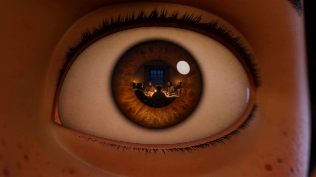 An eye, close — the lit house reflected in it