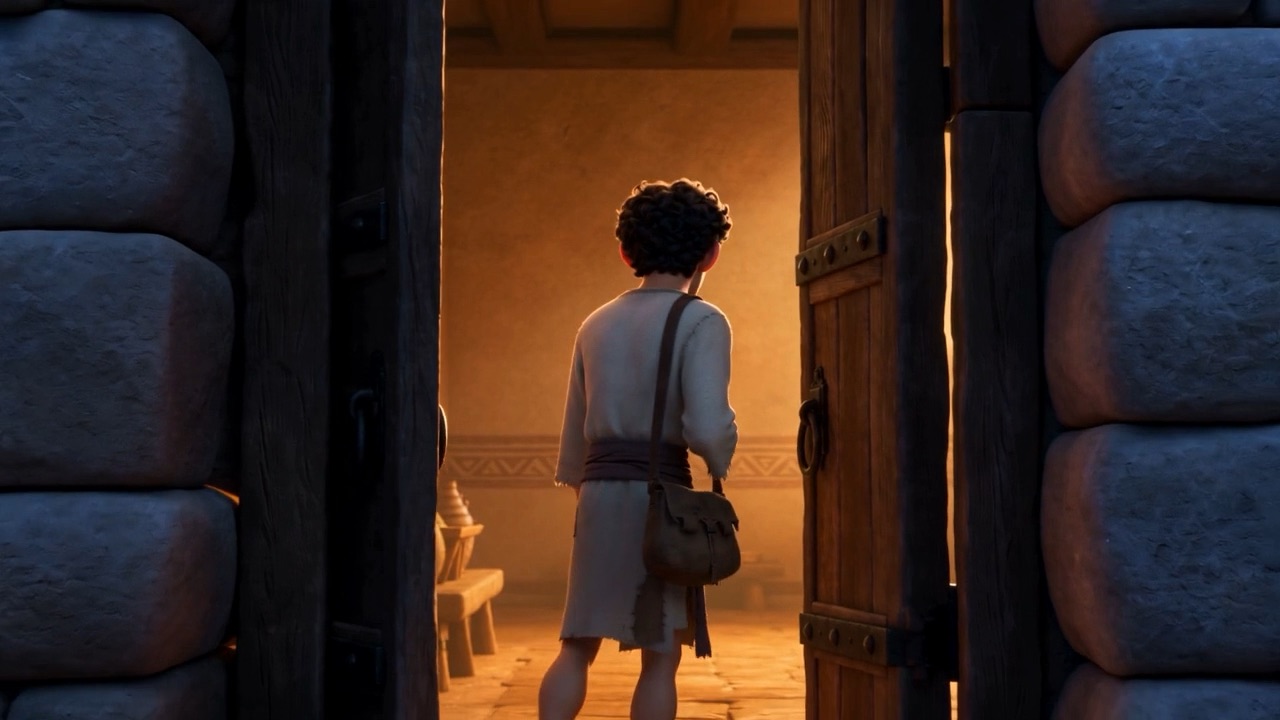 A figure with a bag walks out through the door