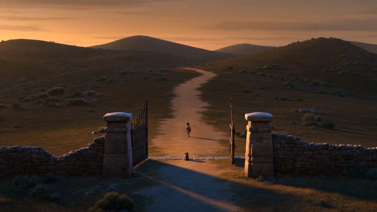 The empty road at sunset between two gateposts
