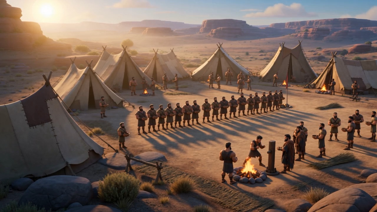 A camp of tents in red rock country at dawn