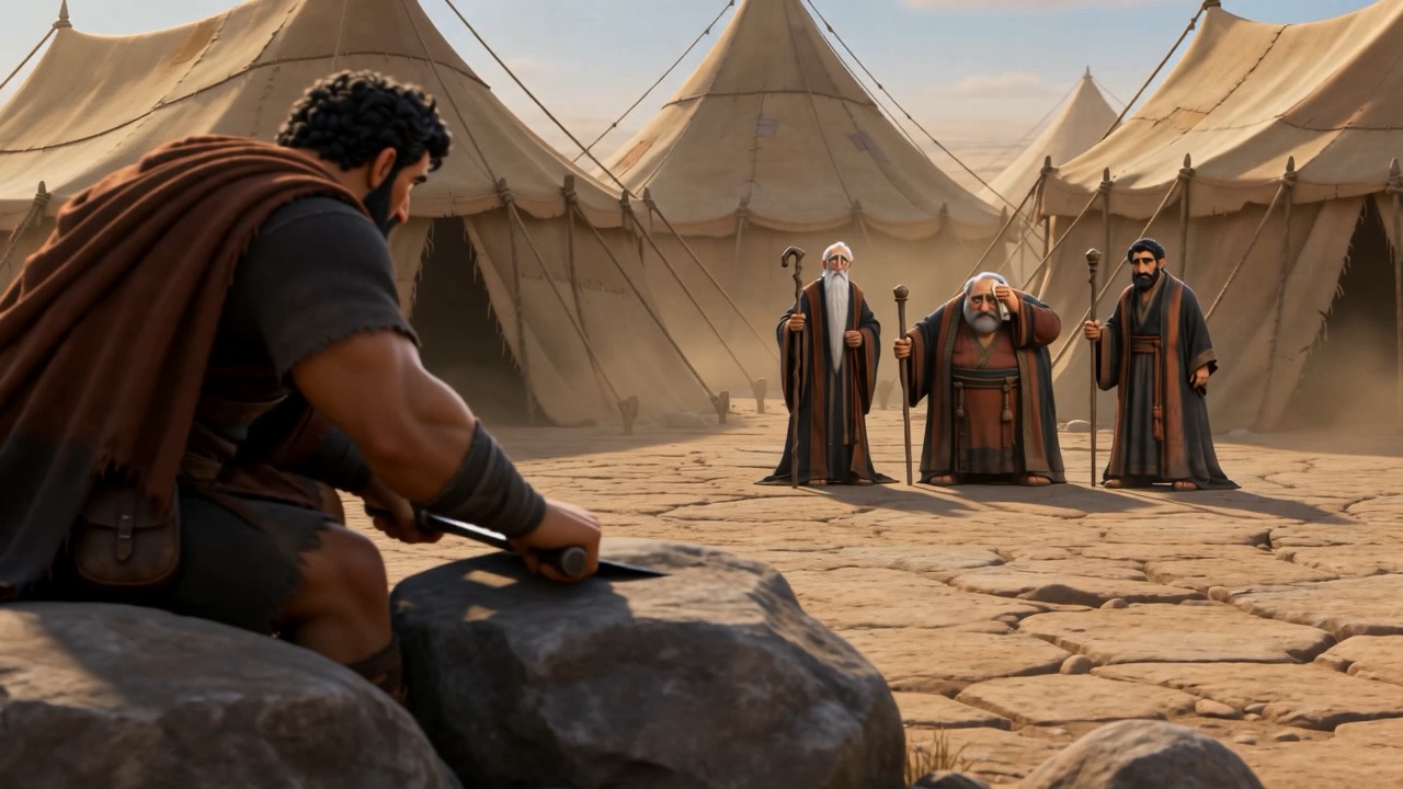 Three old men in good robes picking their way into the camp