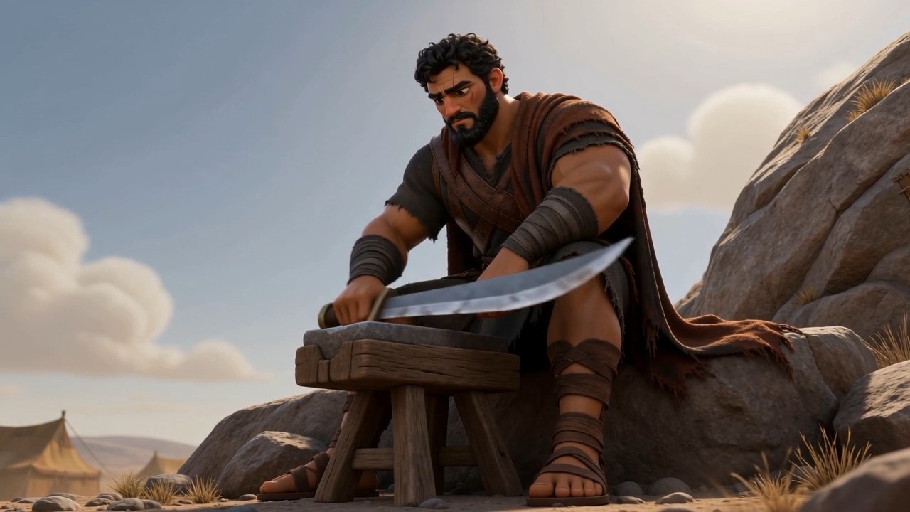 He goes on sharpening a blade without looking up