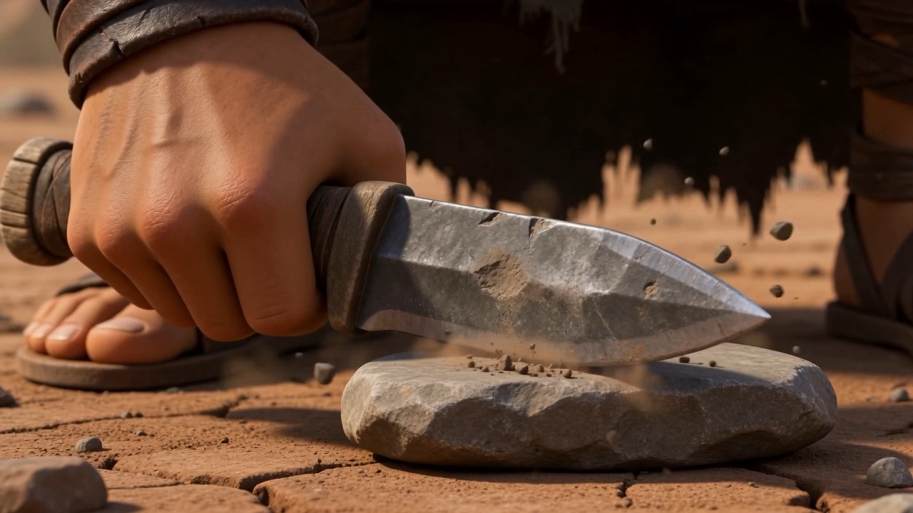 The knife set down on the stone