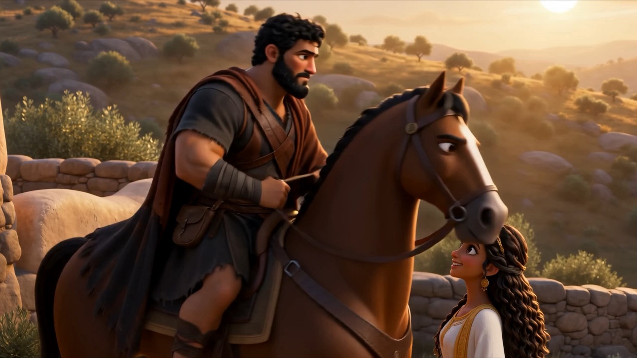 He reins in, laughing, and comes down off the horse