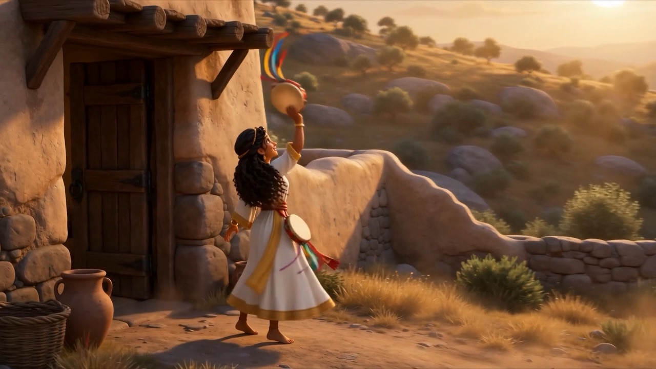 A girl comes out of the doorway with a tambourine