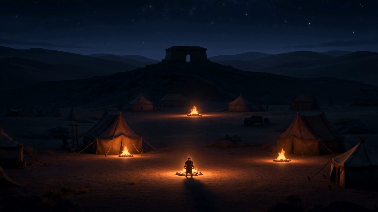 A camp at night, one man sitting apart at a small fire