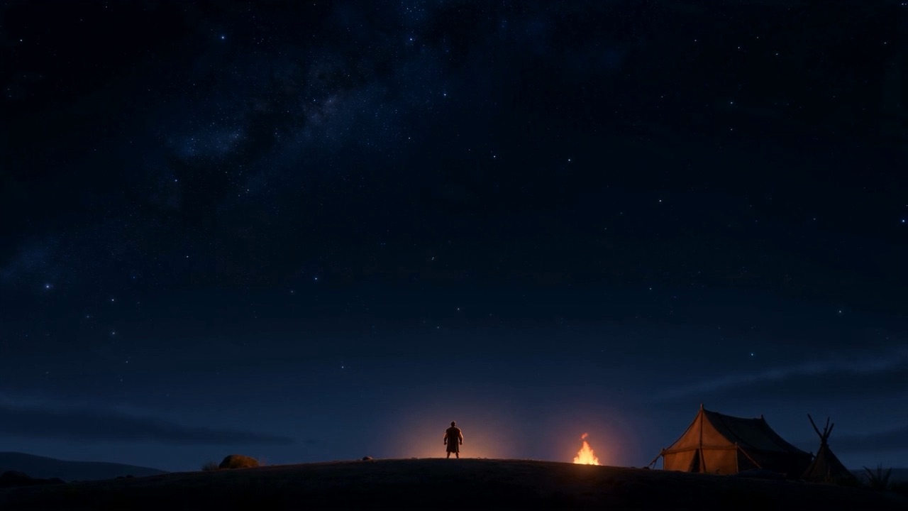 One tiny figure and one fire in a very large dark