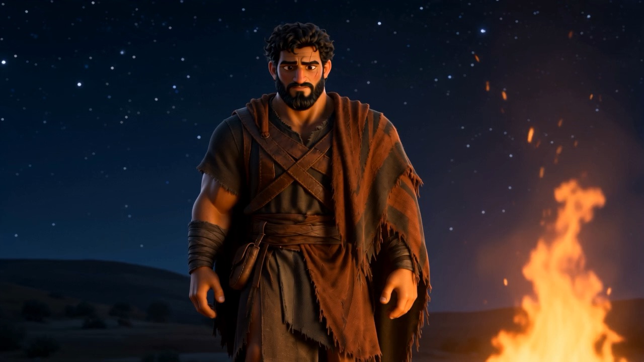 He stands up beside the flames