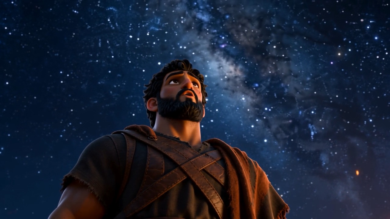 He looks up into an enormous field of stars