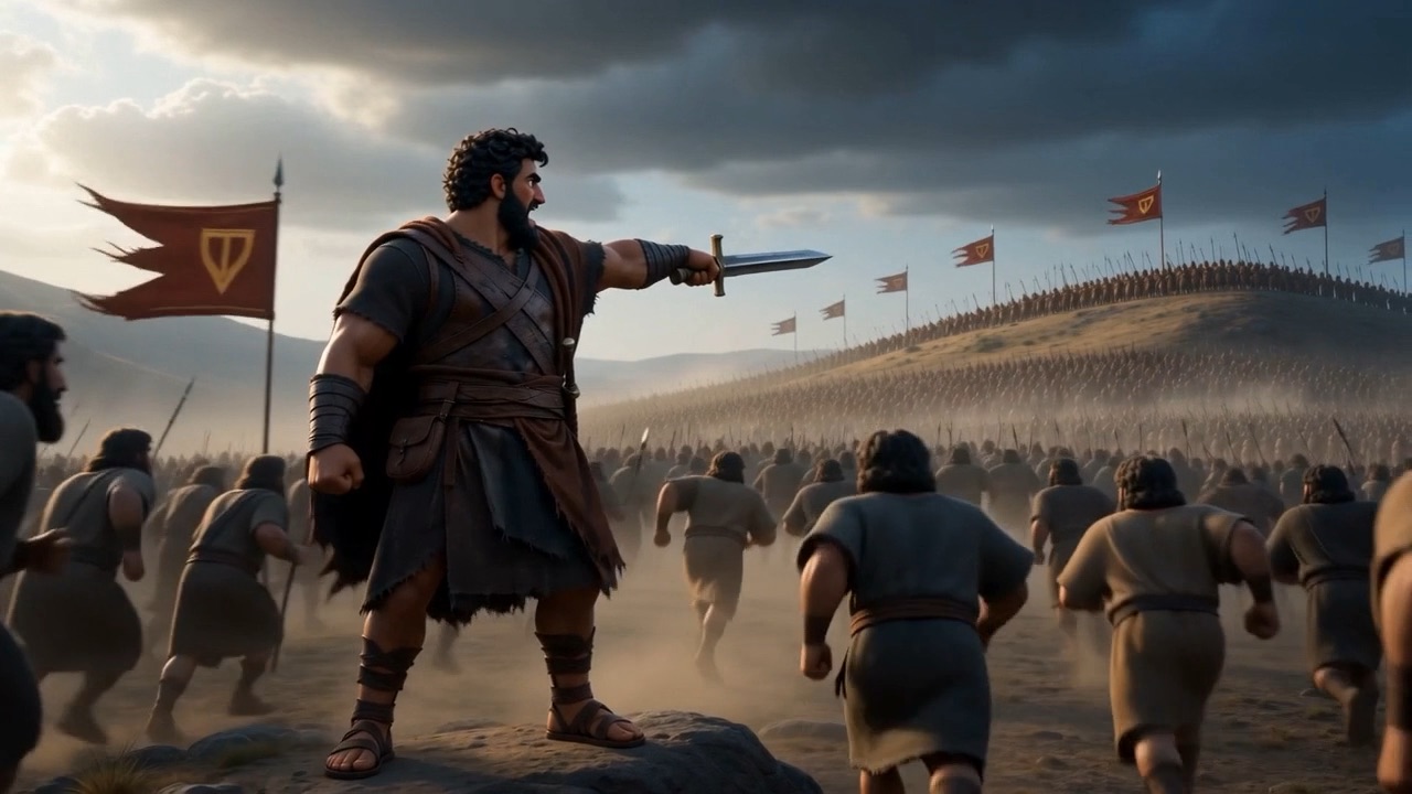 He raises a short sword and shouts